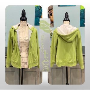 Green Tea | Thermo Lined Zip Up Sweater Jacket | Faux Fur Hood | Large | EUC